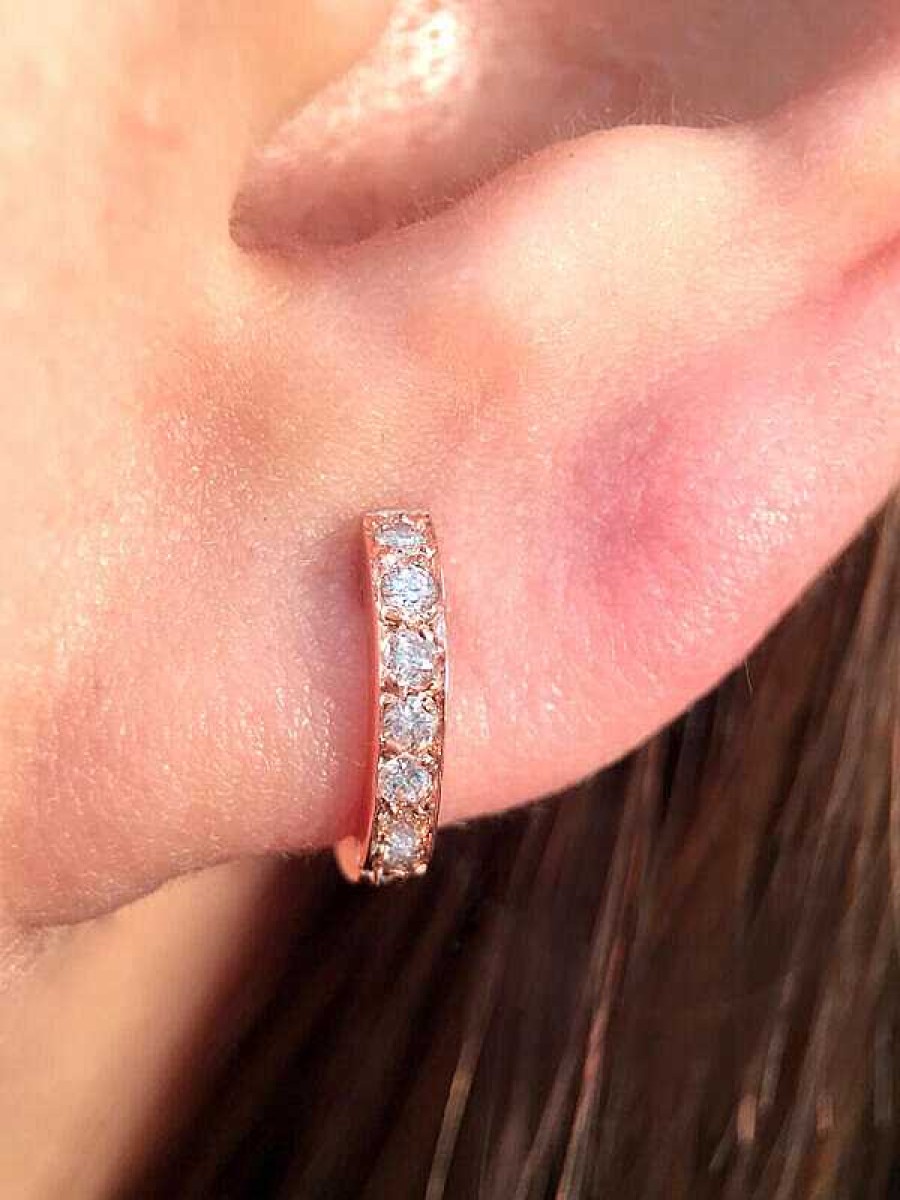 Stones & Gold Earrings | 9.5Mm Diamond Pave Hoop Solid 14K Gold Minimalist Petite Piercing Earrings