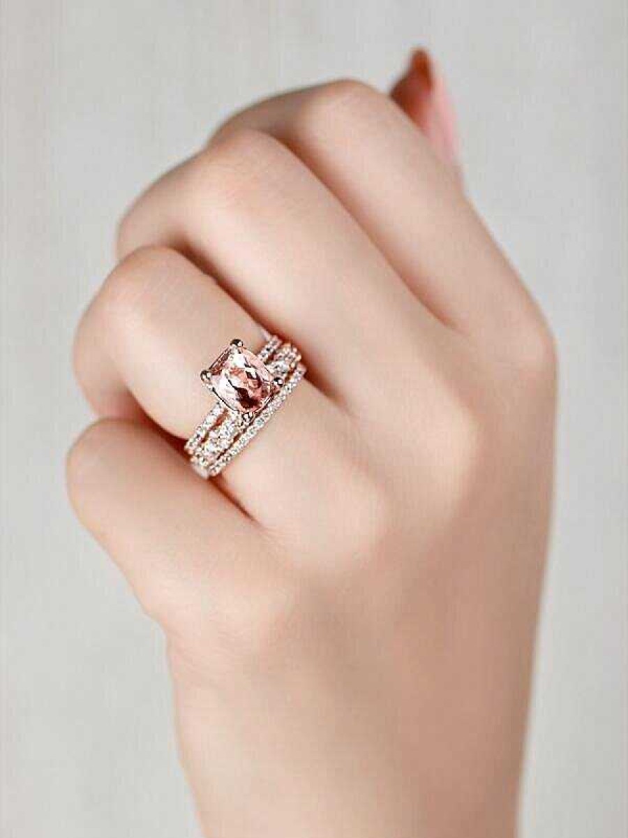 Stones & Gold Rings | Set: Cushion Cut Morganite + Diamond Eternity + Diamond Cluster Solid 14 Karat Gold Rings