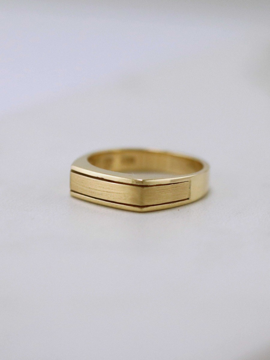 Stones & Gold Wedding Bands | Line Carved Angled Solid 14K Gold Ring