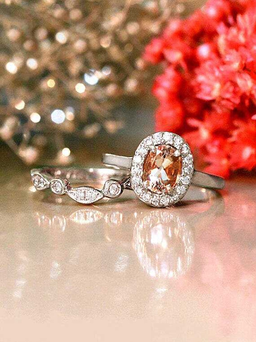 Stones & Gold Rings | Gemstone Engagement Ring Set | Morganite Ring And Matching Diamond Wedding Band | Solid 14K Gold | October | Fine Jewelry | Free Shipping