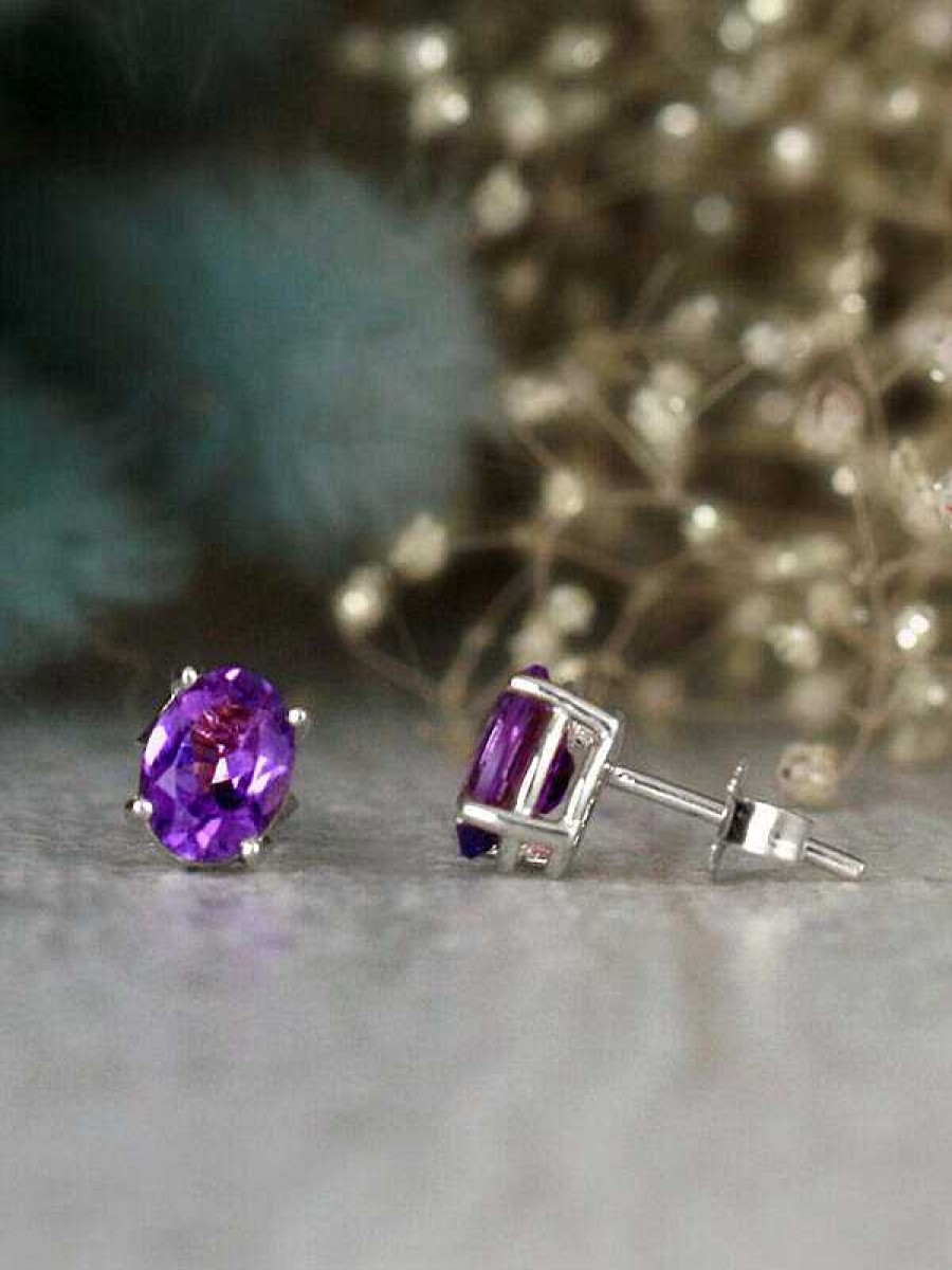 Stones & Gold Earrings | 7X5Mm Oval Amethyst Solid 14 Karat Stud Earrings