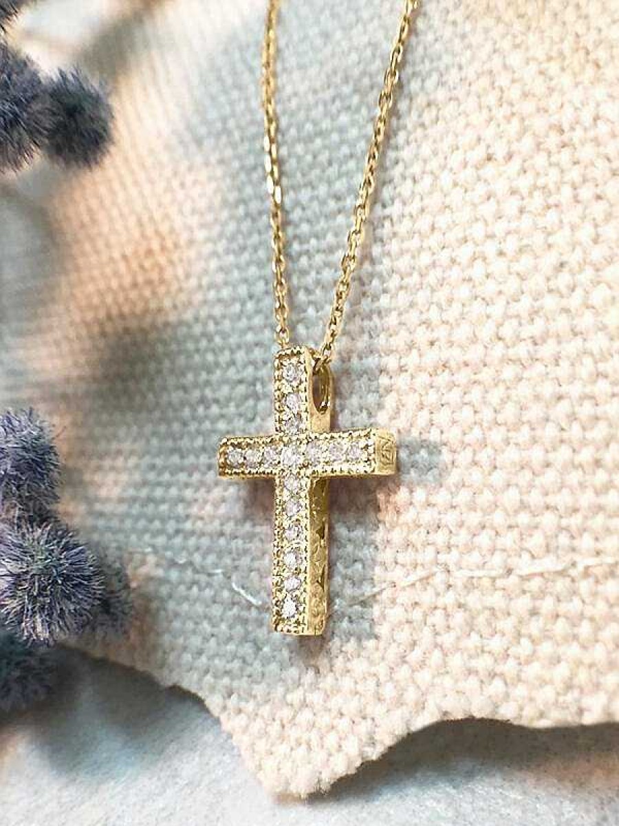 Stones & Gold Necklaces | Cross Diamond Pendant Solid Gold (14Ky) With Bonus 14Ky Chain Religious Necklace