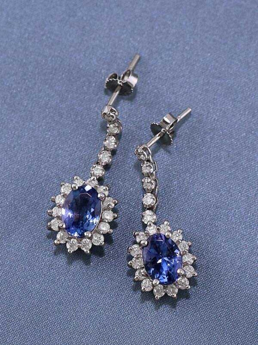 Stones & Gold Earrings | Tanzanite And Diamond Halo Dangle Solid 14K Gold Earrings