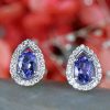 Stones & Gold Earrings | Tanzanite And Diamond Halo Teardrop Stud Solid Gold (14Kw) Colored Stone Earrings