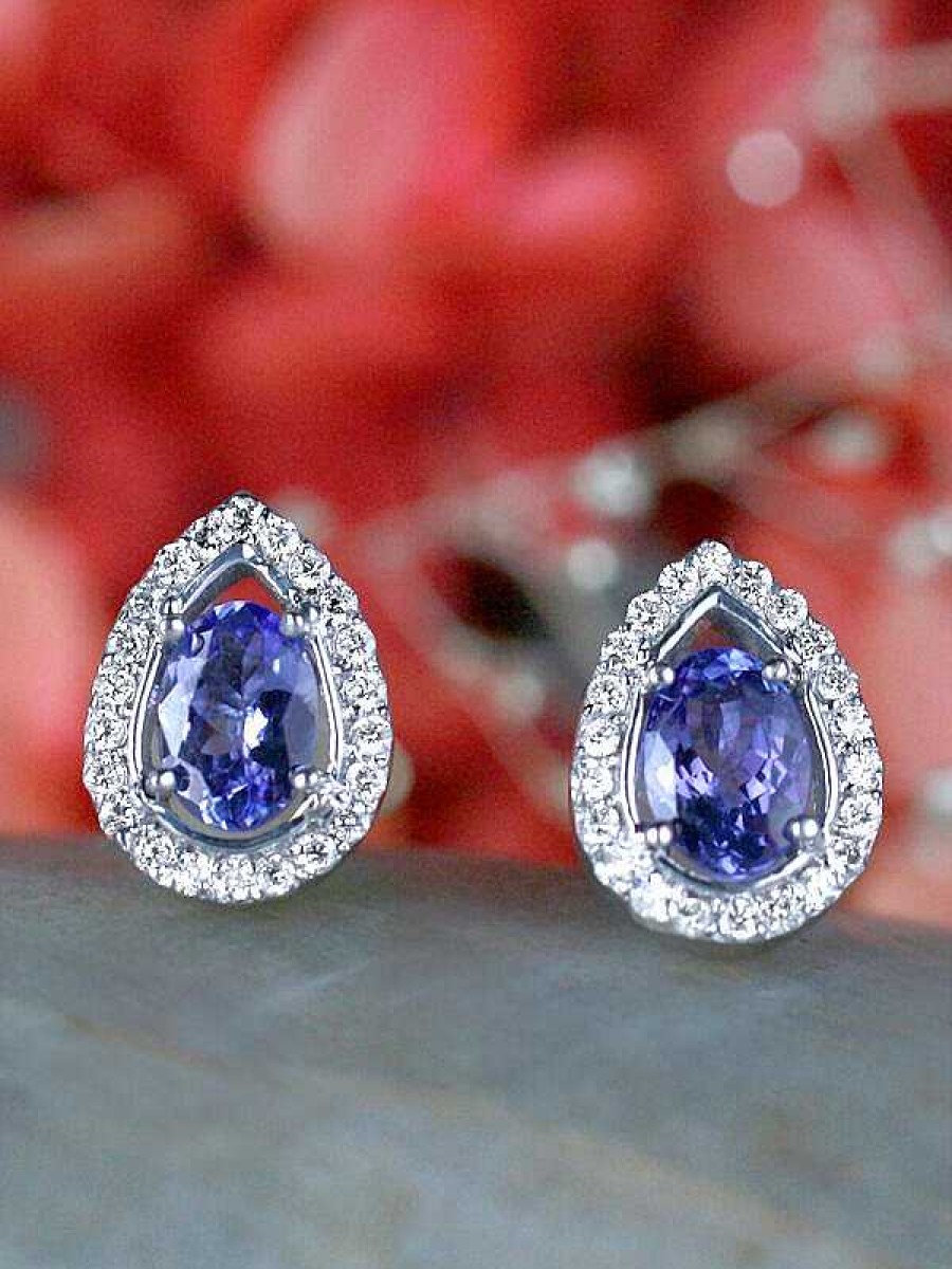 Stones & Gold Earrings | Tanzanite And Diamond Halo Teardrop Stud Solid Gold (14Kw) Colored Stone Earrings