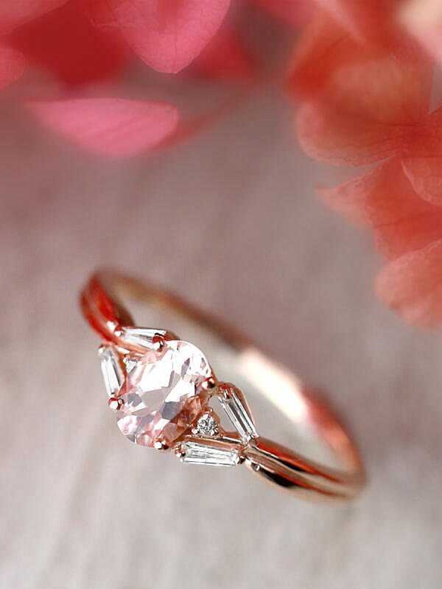 Stones & Gold Rings | Morganite And Baguette Diamond Engagement Solid Gold (14Kr) Colored Stone Wedding Ring