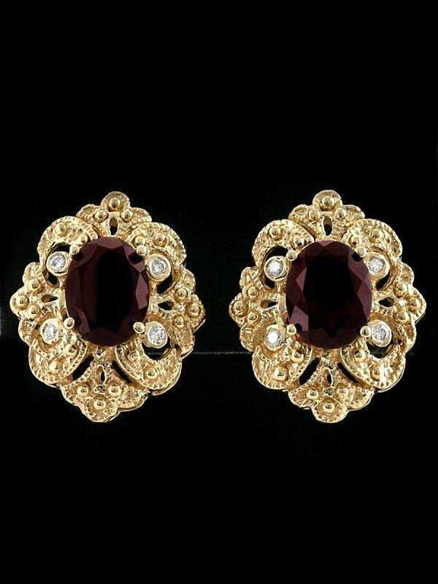 Stones & Gold Earrings | 9X7Mm Oval Rhodolite Garnet Filigree Patterned Solid 14 Karat Gold Earrings