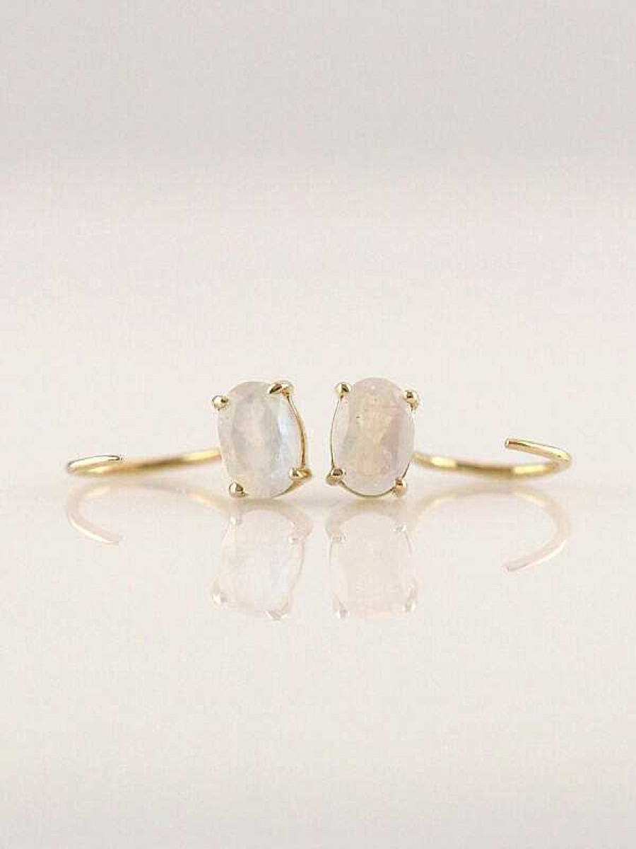 Stones & Gold Earrings | 7X5Mm Oval Moonstone Solid 14 Karat Gold Open Huggie