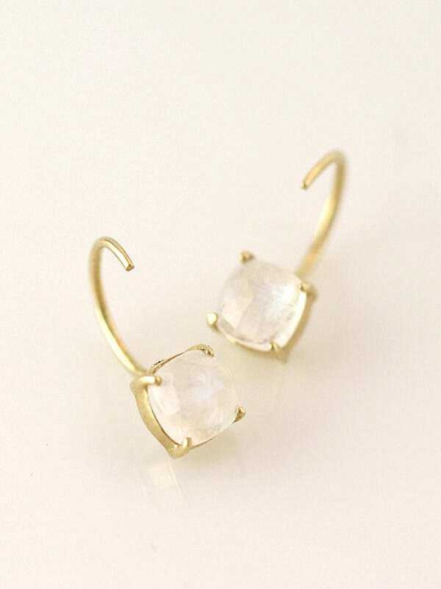 Stones & Gold Earrings | Cushion Rainbow Moonstone Solid 14K Open Huggie Earrings