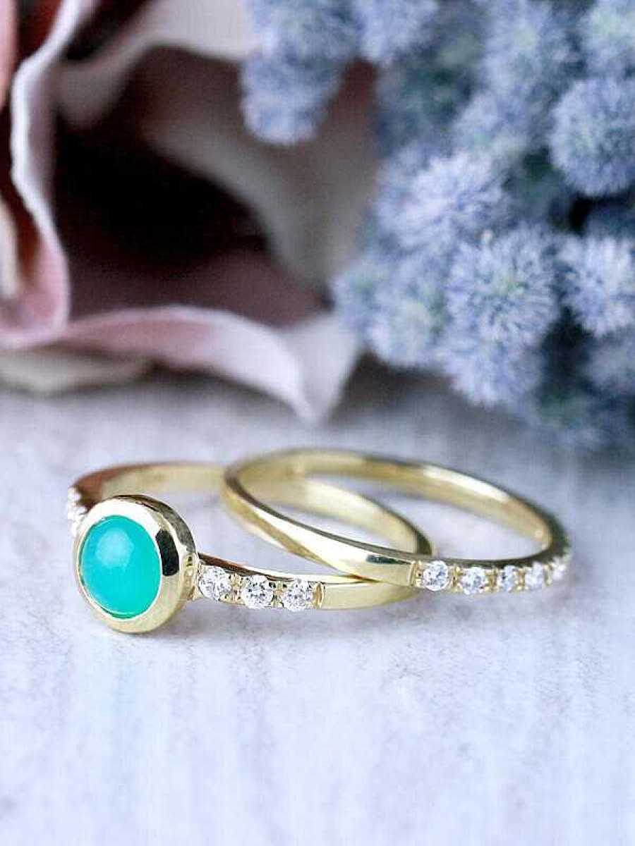 Stones & Gold Rings | One-Of-A-Kind Teal Cabochon Tourmaline And 1.5Mm Diamond Band Ring Set