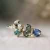 Stones & Gold Rings | Natural Four Stones Sage Green Diamond Cluster Solid 14 Karat Gold Engagement Ring