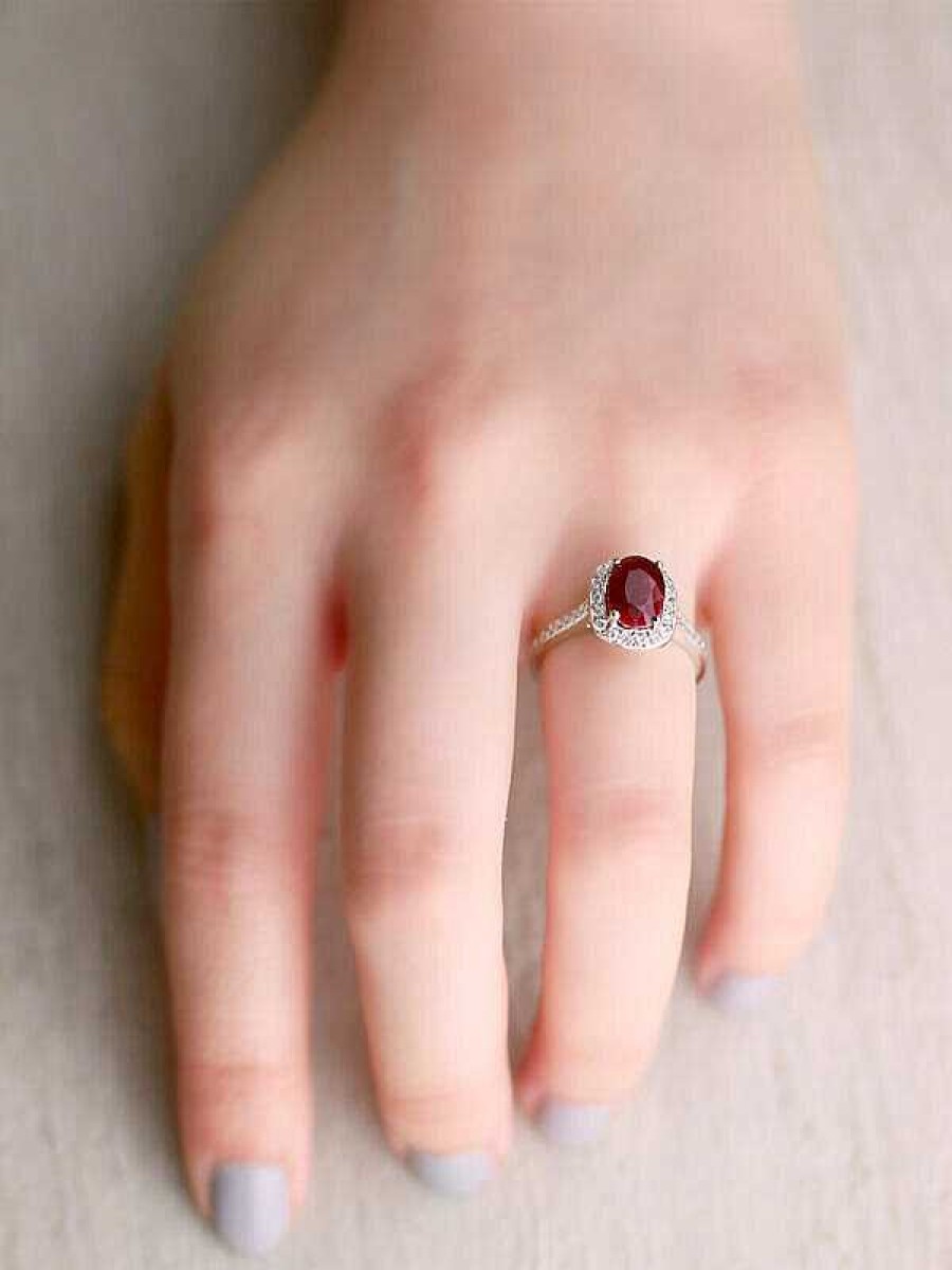 Stones & Gold Rings | 8X6Mm Natural Ruby And Diamond Cushion Halo Solid 14 Karat Gold Engagement Ring