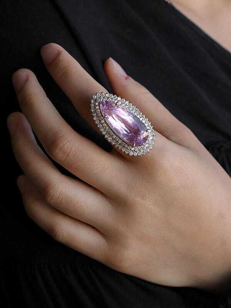 Stones & Gold Rings | 22.99Ct Natural Kunzite 2.13Ct Diamond Double Halo Cocktail Ring