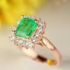 Stones & Gold Rings | 7.5X6Mm Natural Emerald And Emerald Cut Diamond Halo Solid 14 Karat Gold Engagement Ring