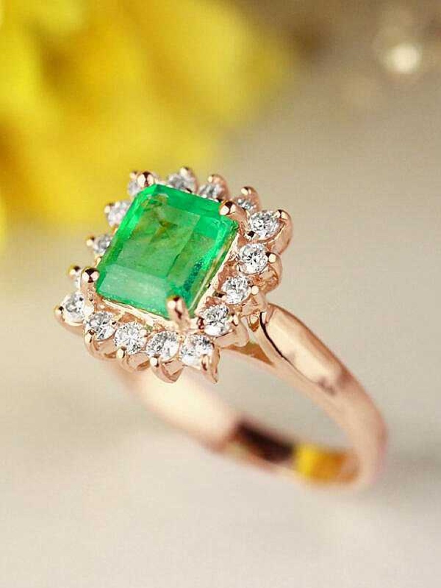 Stones & Gold Rings | 7.5X6Mm Natural Emerald And Emerald Cut Diamond Halo Solid 14 Karat Gold Engagement Ring