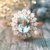 Stones & Gold Rings | Aquamarine And Diamond Halo Engagement Solid Gold (14Kr) Colored Stone Wedding Ring