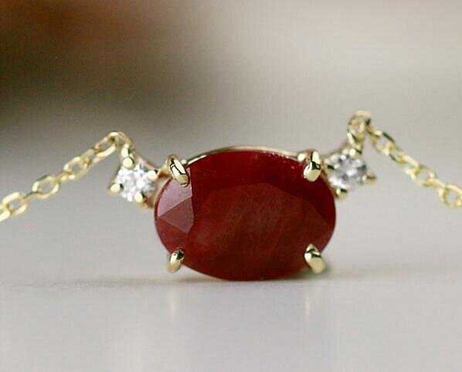 Stones & Gold Necklaces | 7X5Mm Natural Ruby With Diamond Solid 14 Karat Gold Necklace