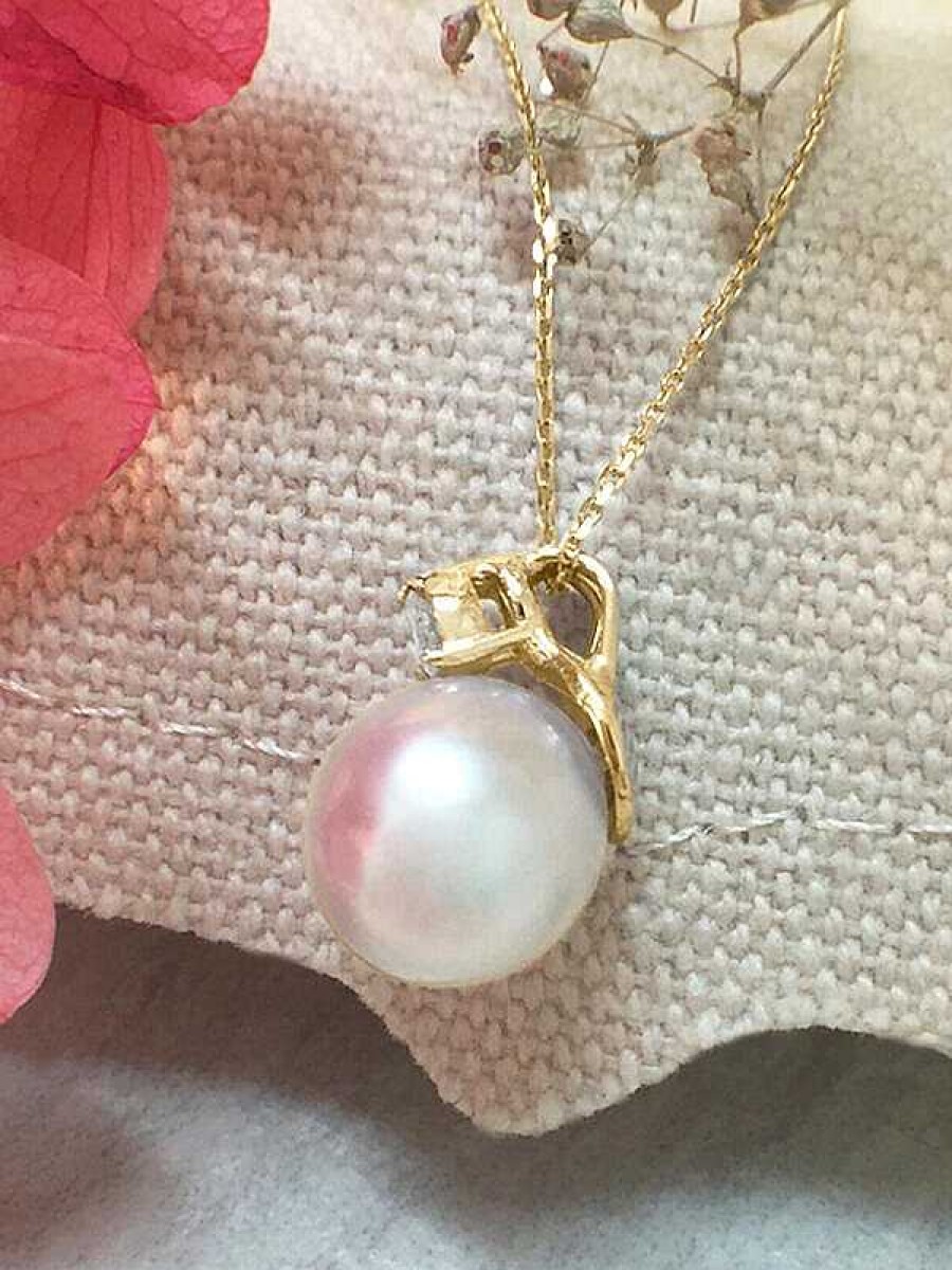 Stones & Gold Necklaces | 8Mm Pearl And Diamond Pendant Solid Gold (14Ky) With Bonus Solid 14Ky Chain Necklace