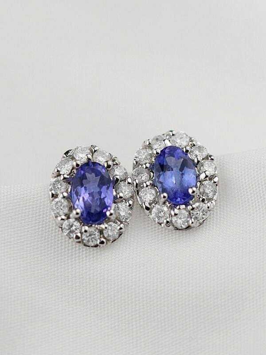 Stones & Gold Earrings | Tanzanite And Diamond Halo Stud Solid Gold (14Kr) Colored Stone Earrings