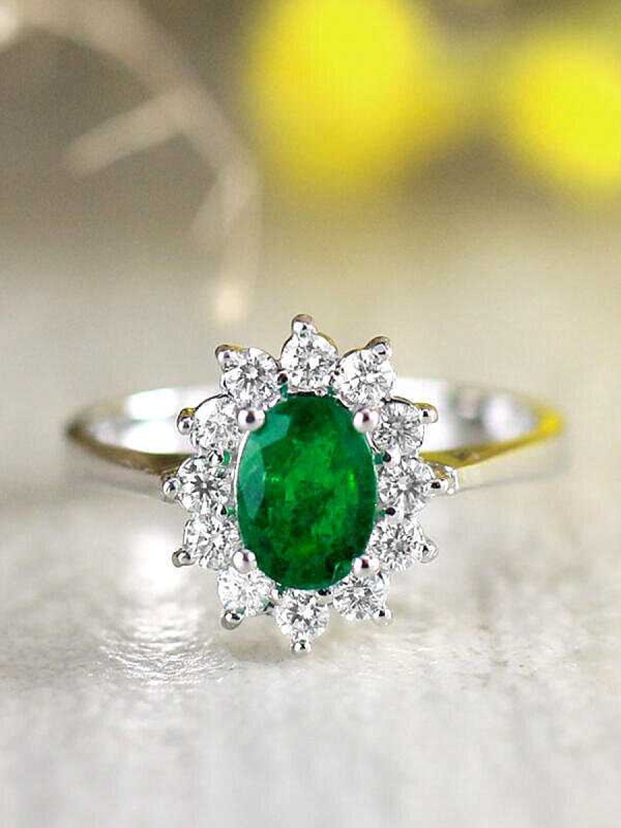 Stones & Gold Rings | 7X5Mm Natural Emerald And Floral Diamond Halo Solid 14 Karat Gold Engagement Ring