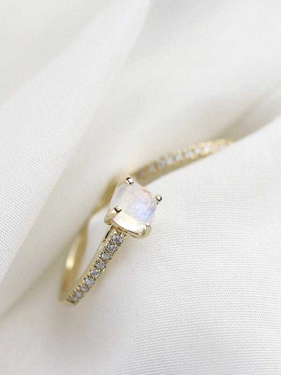 Stones & Gold Rings | Cushion Solitaire Moonstone Diamond Engagement Ring